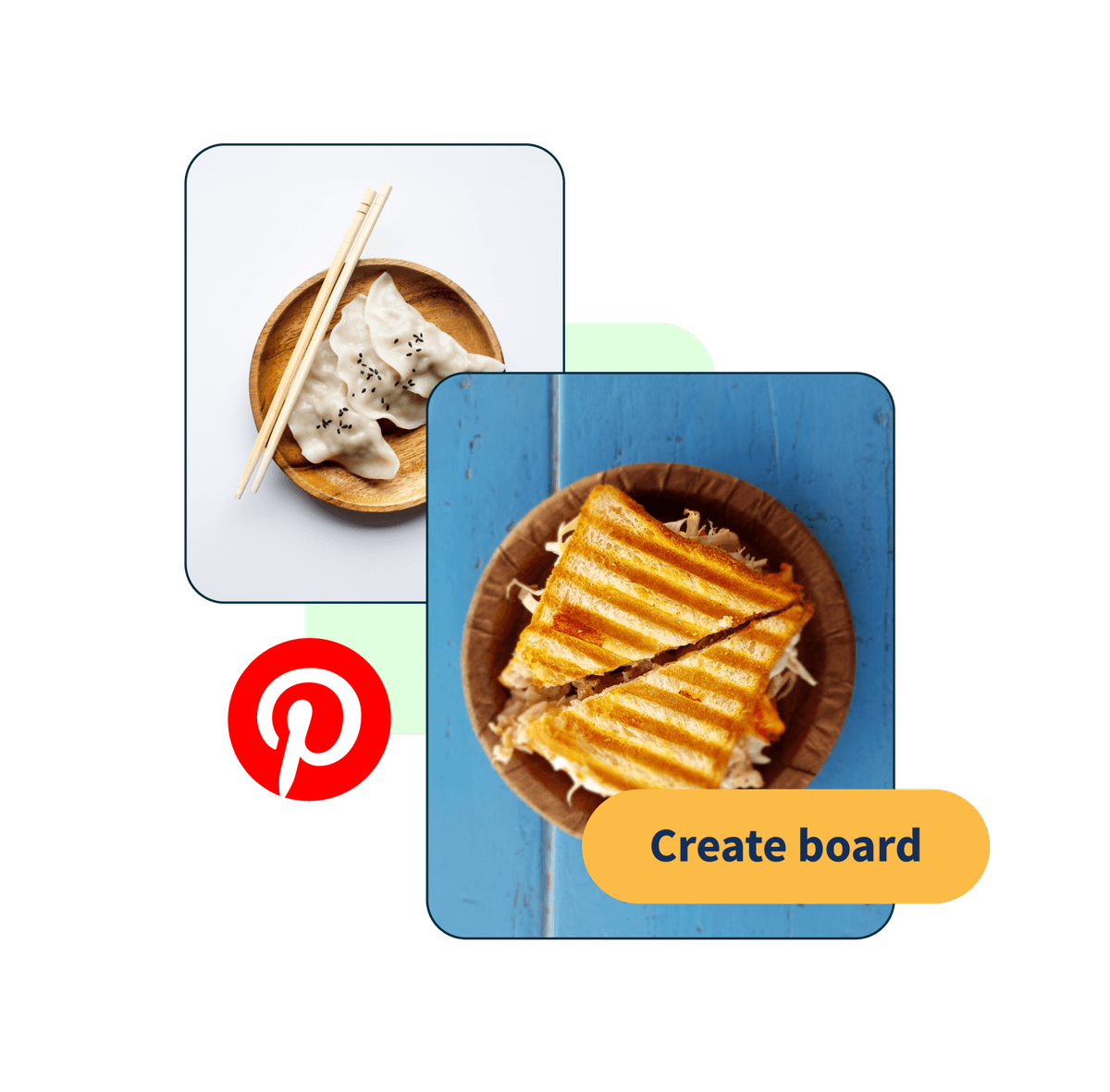 picture of a sandwich and dumplings, with a button popup saying "create board"