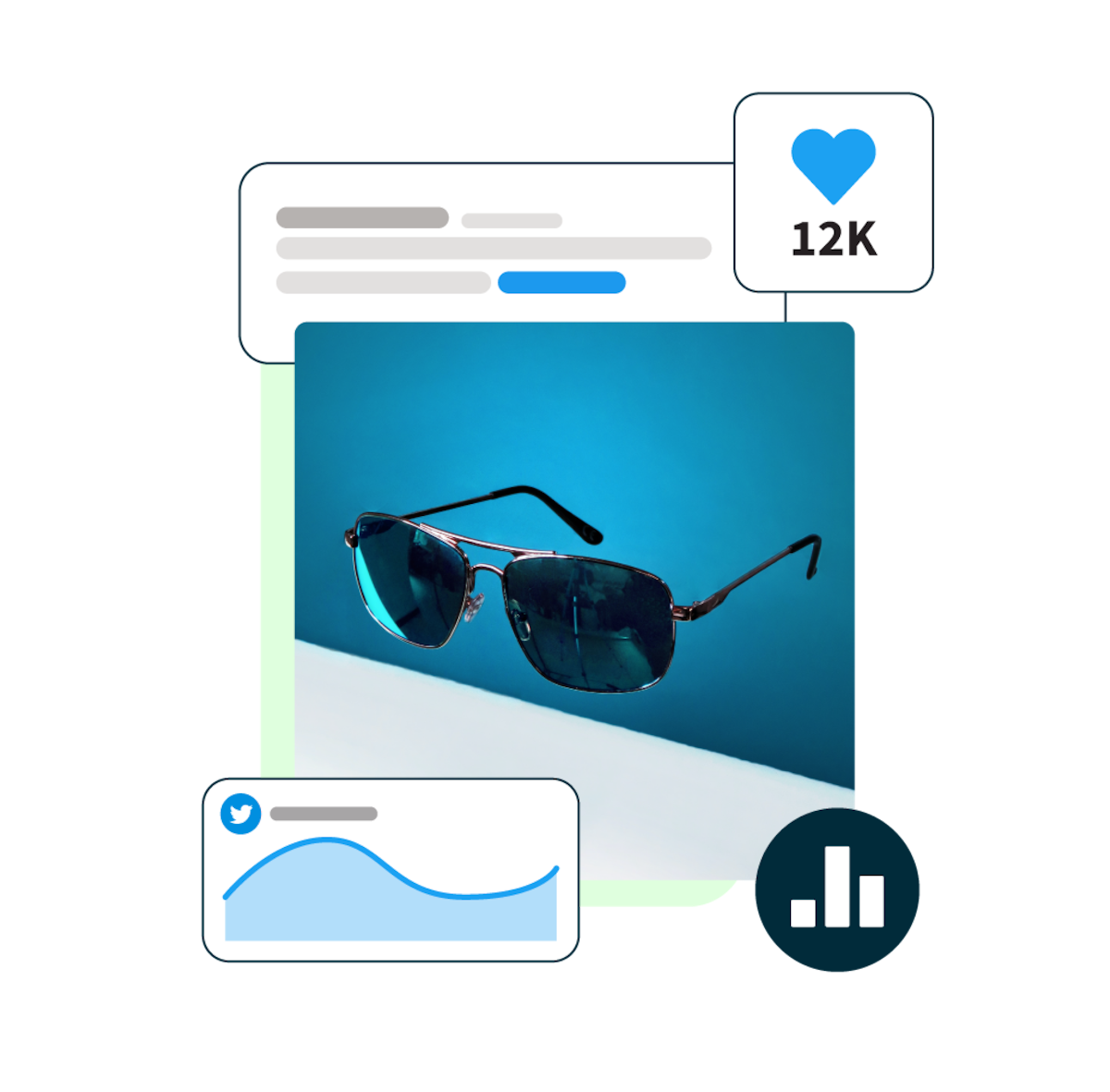 immagine di occhiali da sole che galleggiano con uno sfondo blu e pop-up statistici dei social media che li circondano