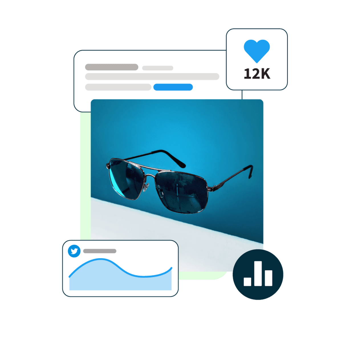 picture of sunglasses floating with a blue background, and social media statistic pop-ups surrounding it