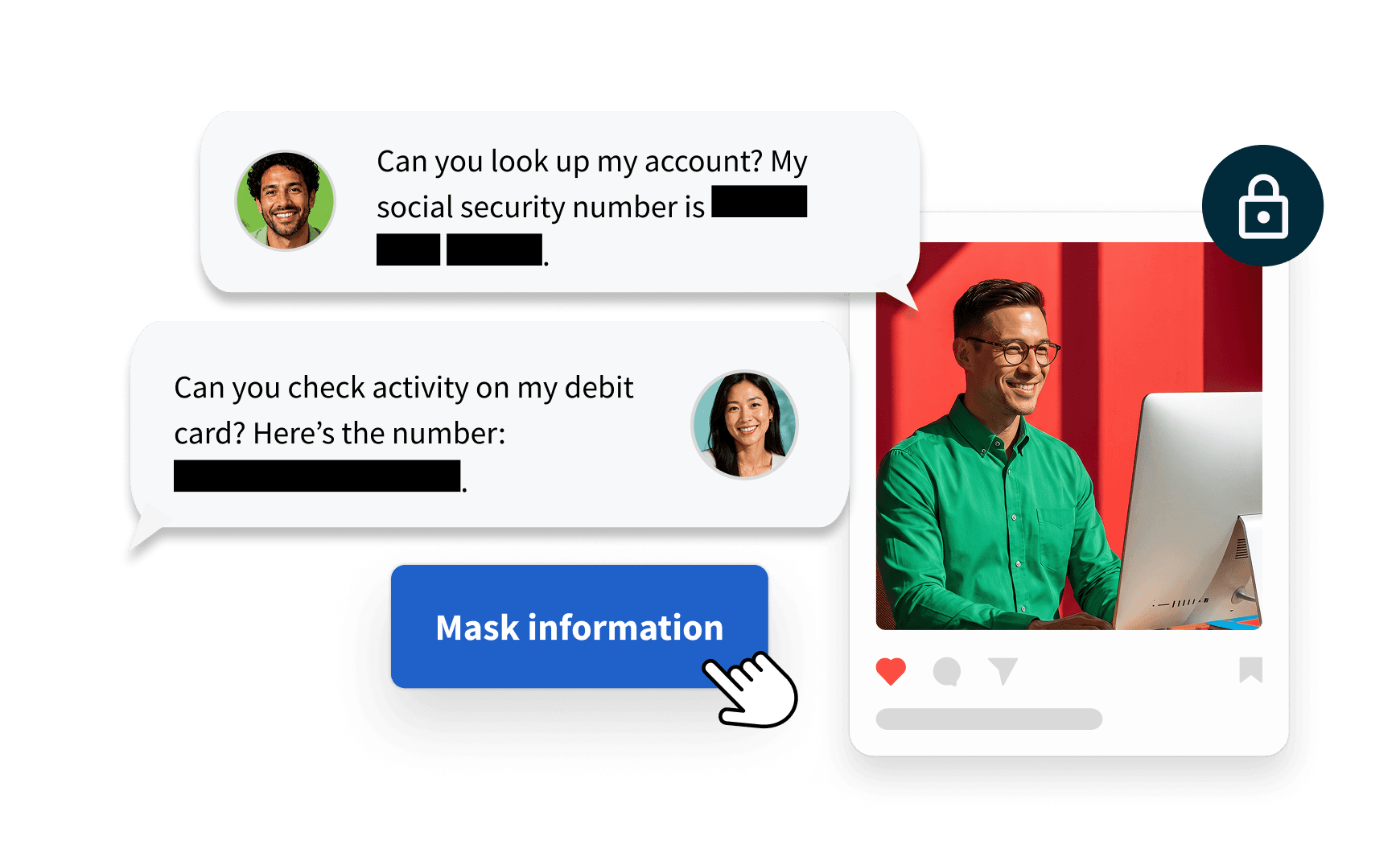 Hoot suite inbox with PII handling, automatic message masking, and lock icon