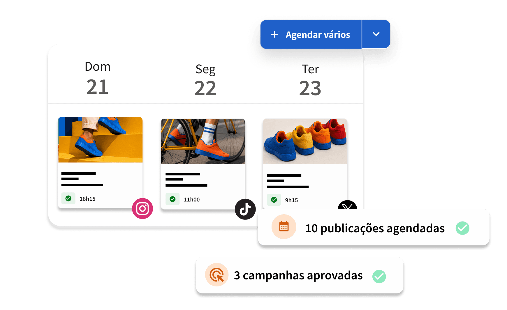 Social media scheduling dashboard showing sneaker posts planned for Sun-Tue, with 10 posts scheduled and 3 campaigns approved.