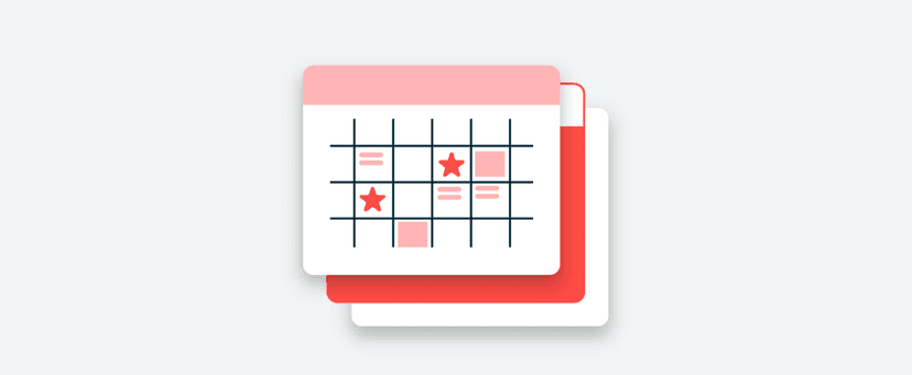 Three stacked calendar icons in pink, red, and white, with red stars and pink markers highlighting specific dates.