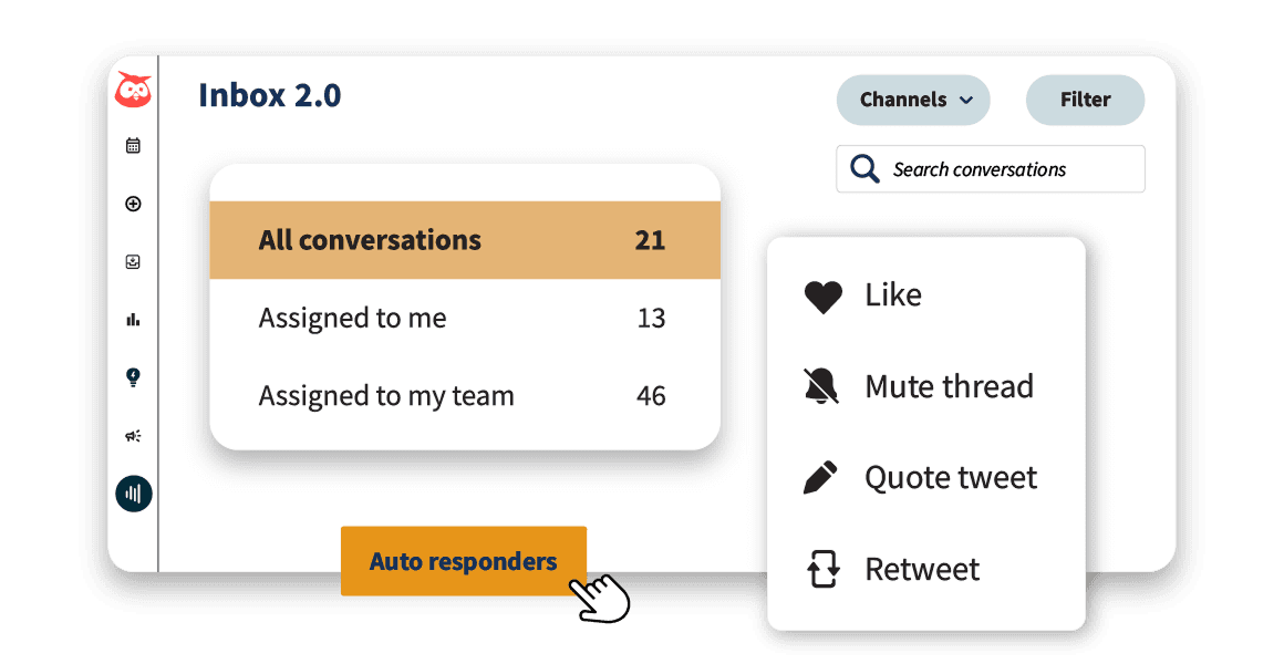 Social media management interface showing conversation stats and engagement options like Like, Mute, Quote and Retweet buttons