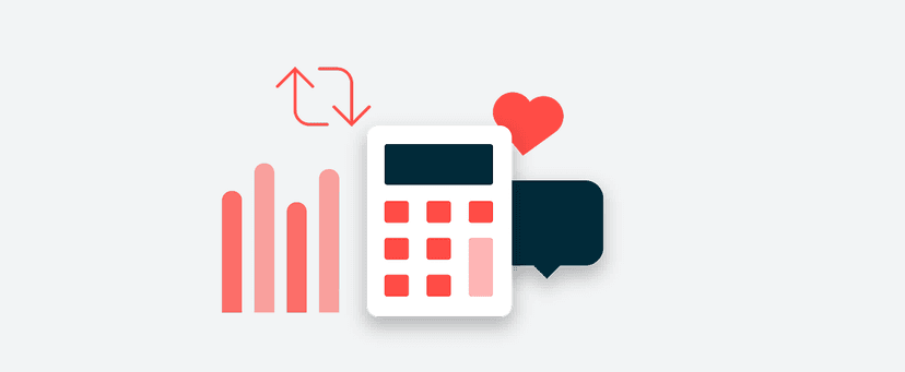 A calculator with red buttons, surrounded by a bar chart, refresh arrows, a red heart, and a dark speech bubble icon.