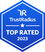 Insignia de TrustRadius que califica a Hootsuite como &quot;Mejor calificado&quot; en 2023