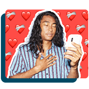Man looking at phone with hearts in the background