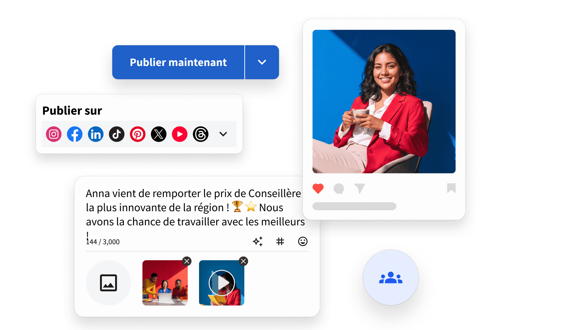 Social media publishing interface showing platform icons, a post about an award winner, and a smiling woman in a red blazer.