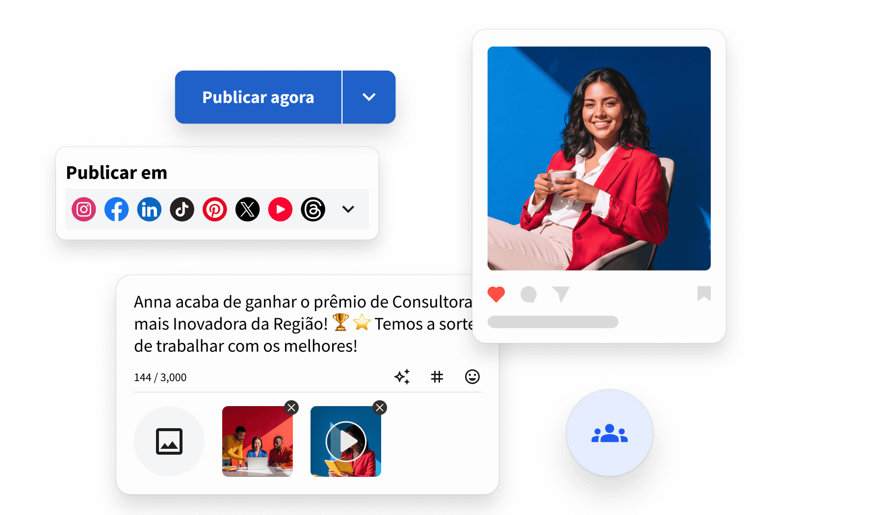 Social media publishing interface showing platform icons, a post about an award winner, and a smiling woman in a red blazer.