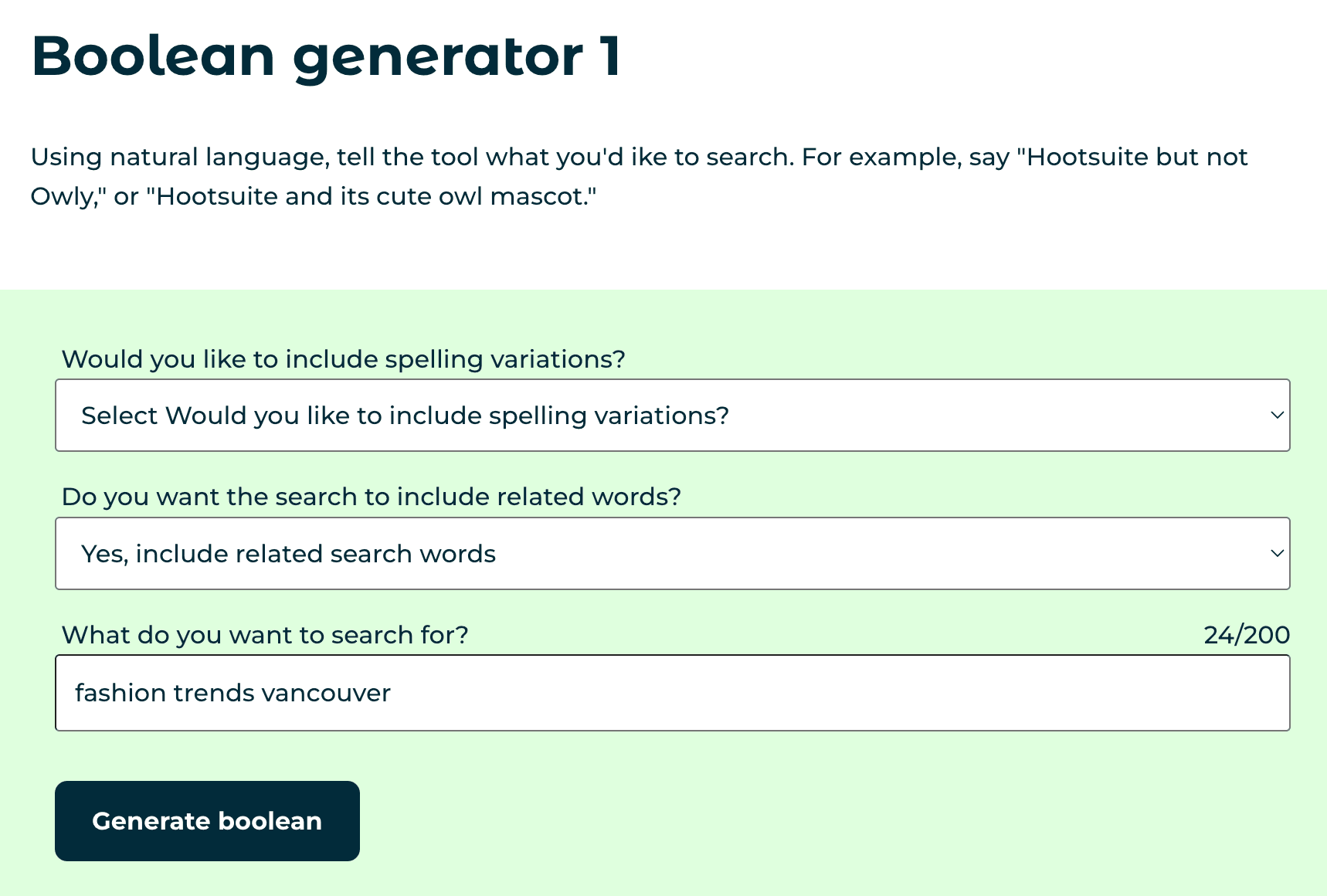 Screenshot des Booleschen Generator-Tools von Hootsuite
