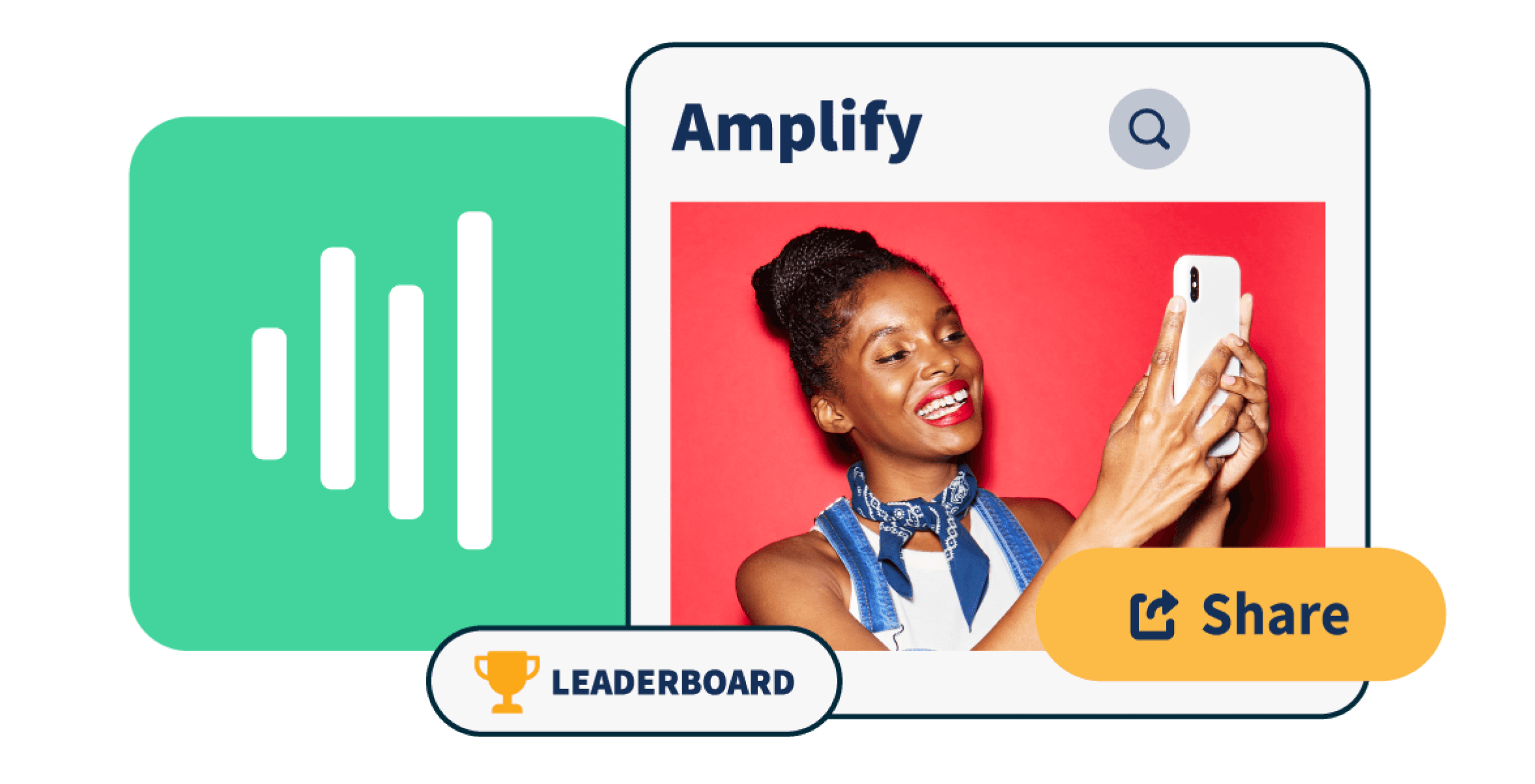 Hootsuite Amplify-Symbol mit einer Frau, die ihr Telefon in der Hand hält