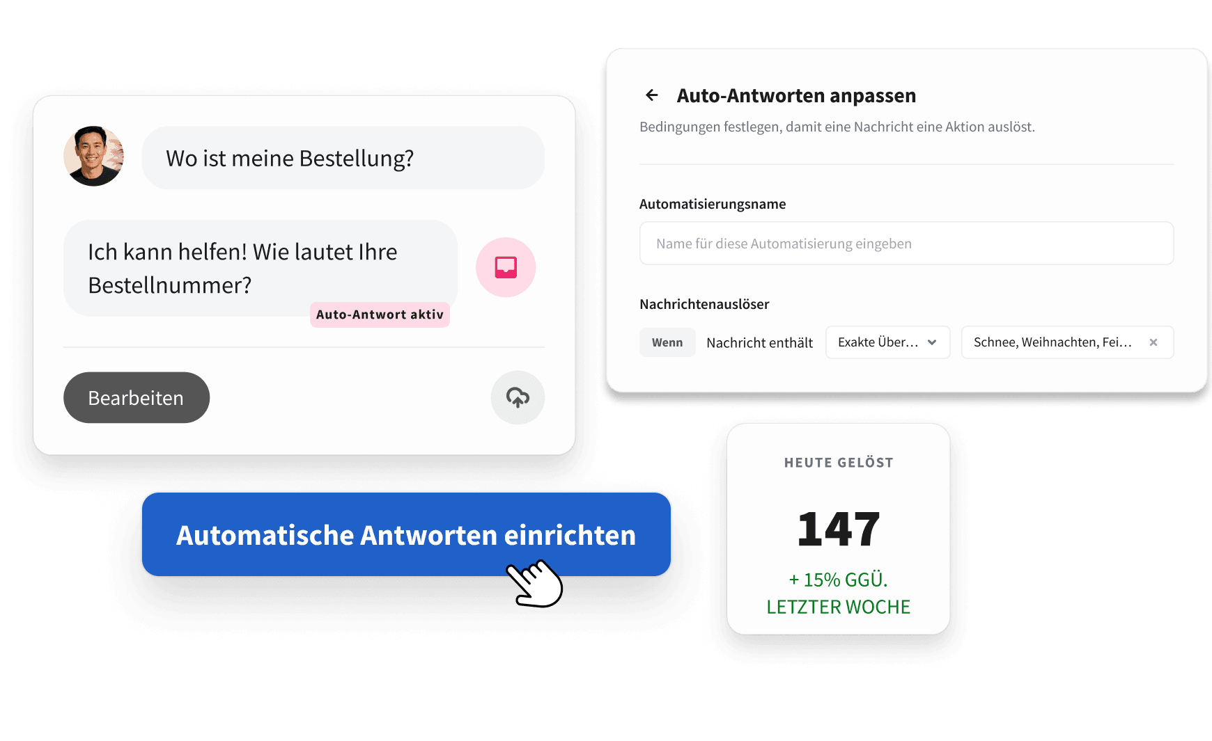 UI screenshot showing an automated chat response to "Where's my order?" and a panel to customize auto-response triggers.